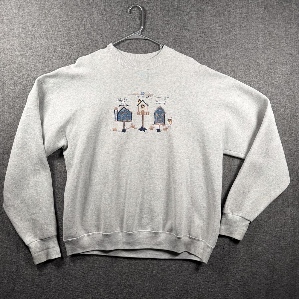 Vintage Birdhouse Sweater Fruit Of The Loom Mens XL Gray Birds Graphic 90s